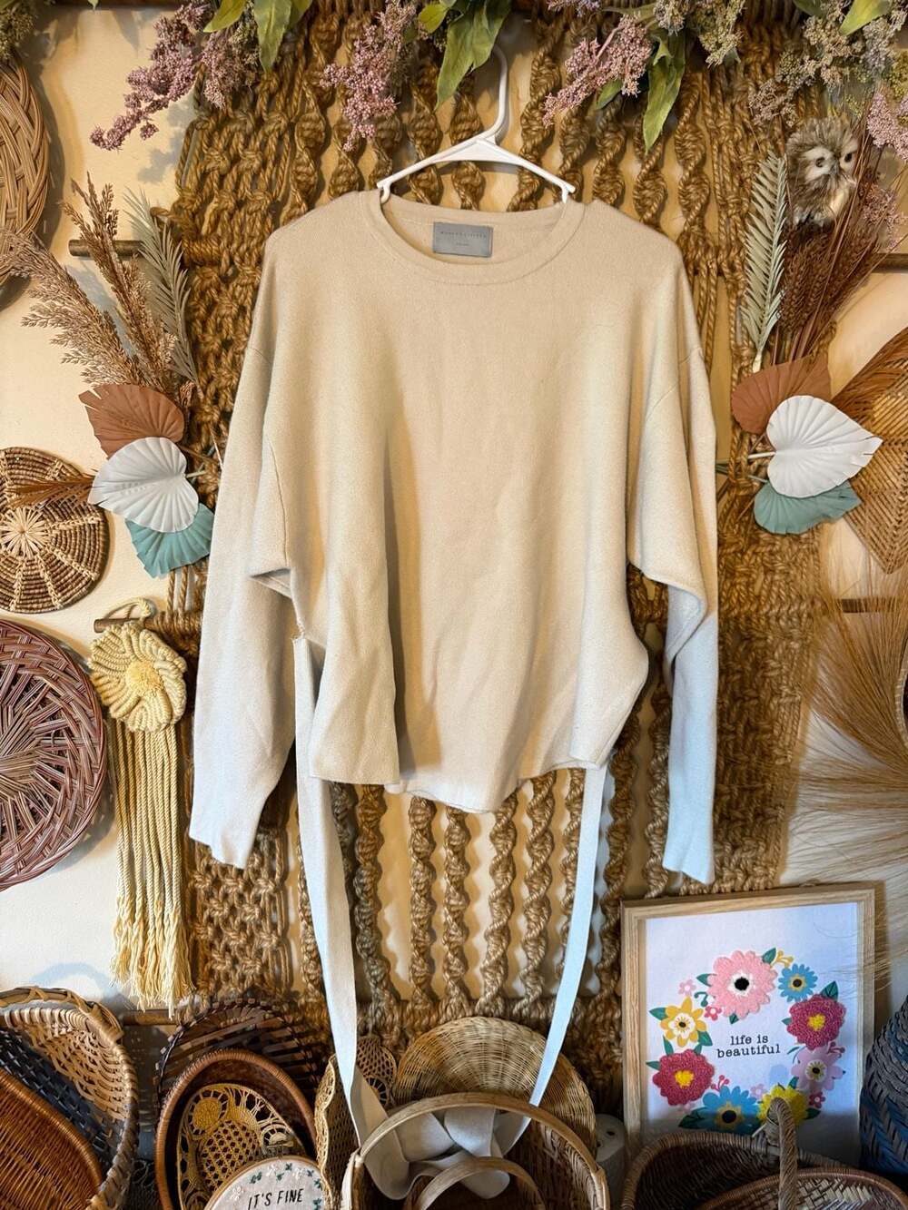 Modern Citizen Beige Waffle Knit Crewneck Sweatshirt with Side Ties